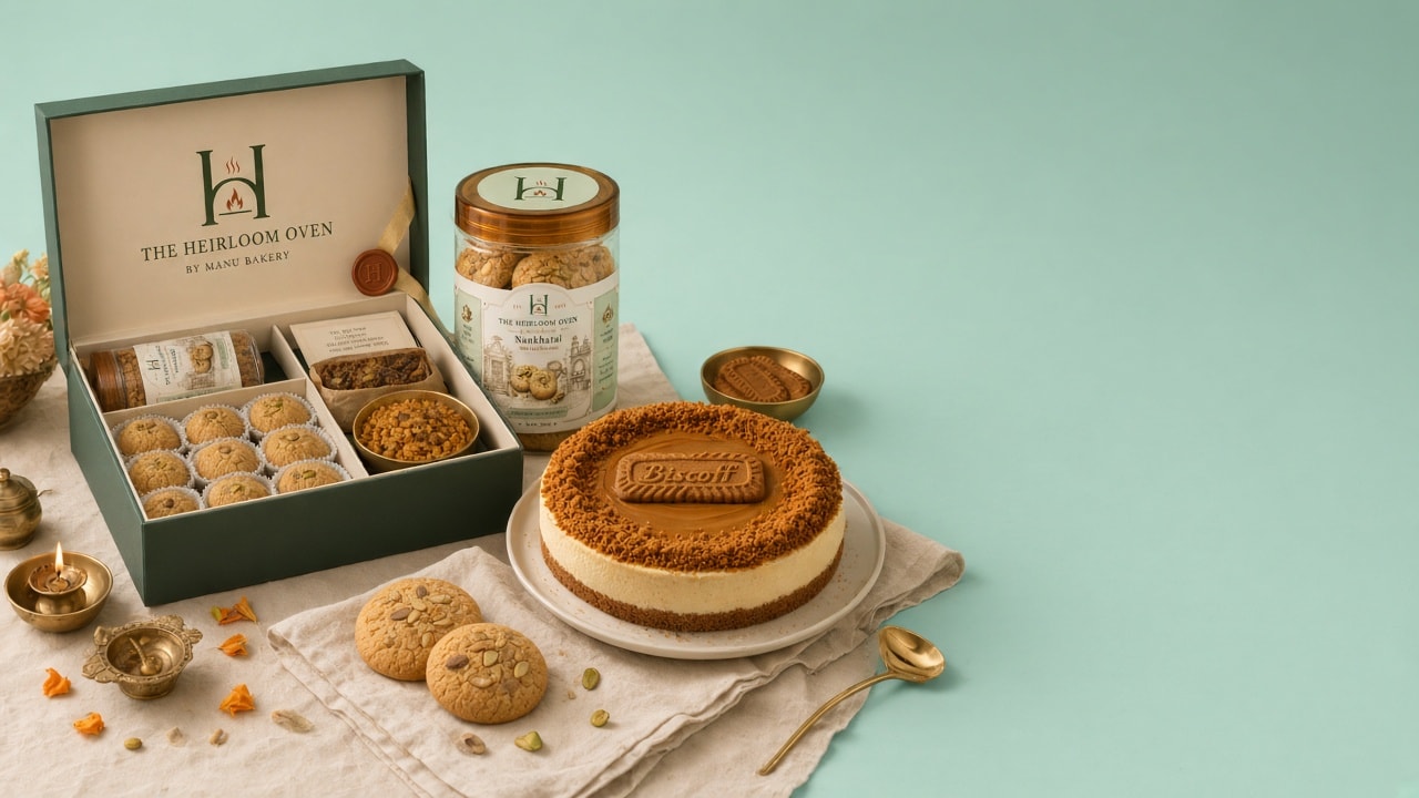 Open forest-green Festival box, nankhatai jar, Biscoff cheesecake, marigold petals and brass diyas from The Heirloom Oven