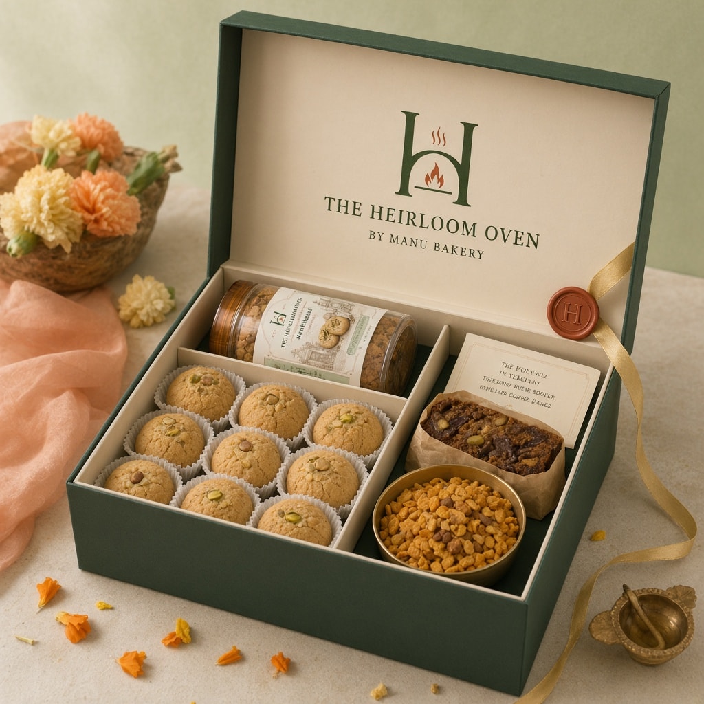 The Festival box — forest-green Heirloom Oven gift box with pista nankhatai, a brass diya, and a terracotta wax seal