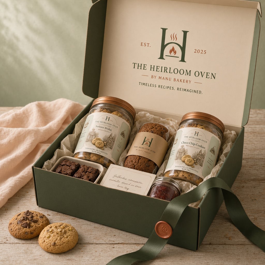 Open forest-green Heirloom Oven gift box with labelled jars, brownies, and a handwritten card