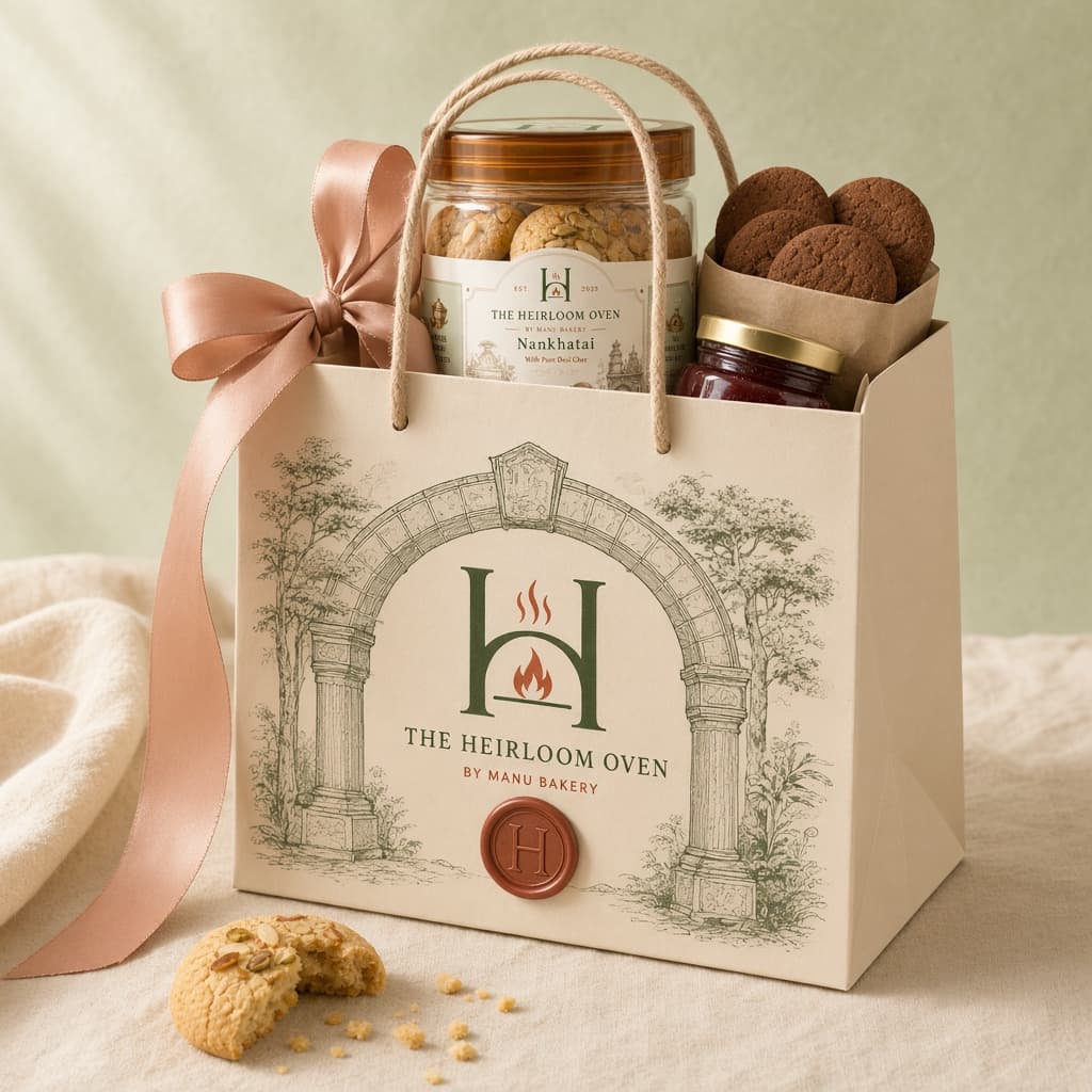 Ivory Heirloom Oven gift bag with a dusty-rose ribbon and terracotta wax seal