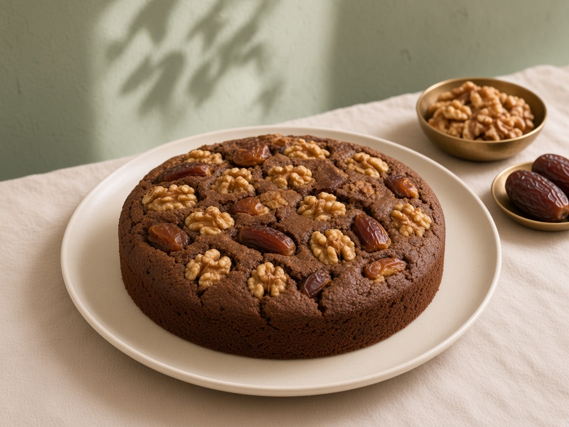 Atta dates cake — walnuts on a jaggery crumb