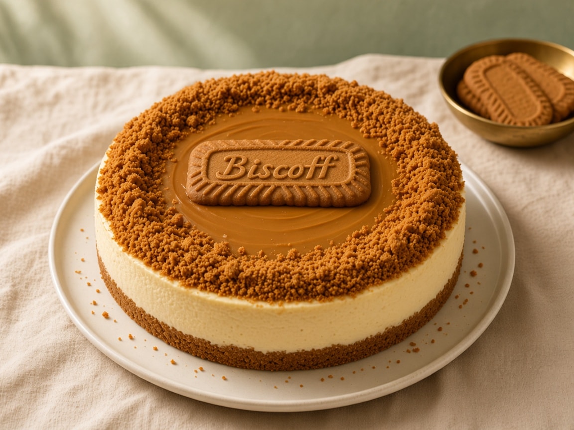 Biscoff cheesecake — warm spread, crumb, and a whole biscuit