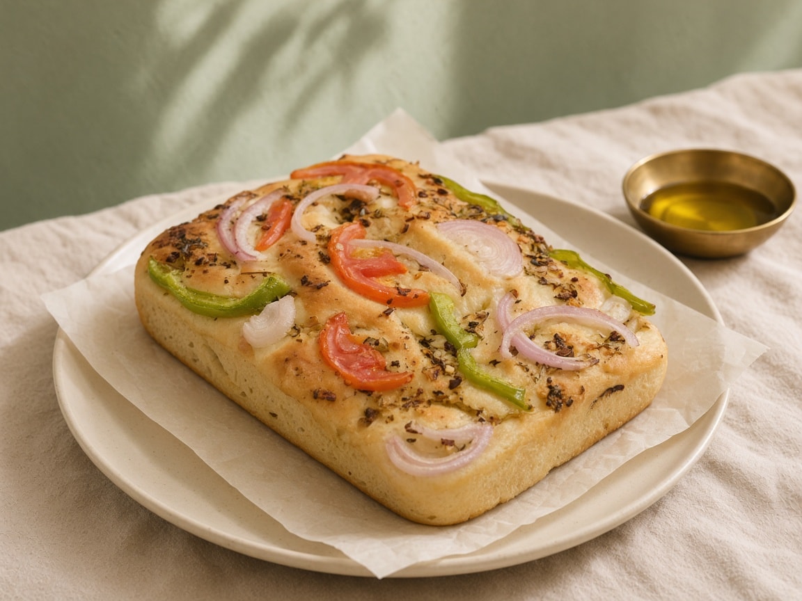 Vegetable focaccia — onion, tomato, capsicum