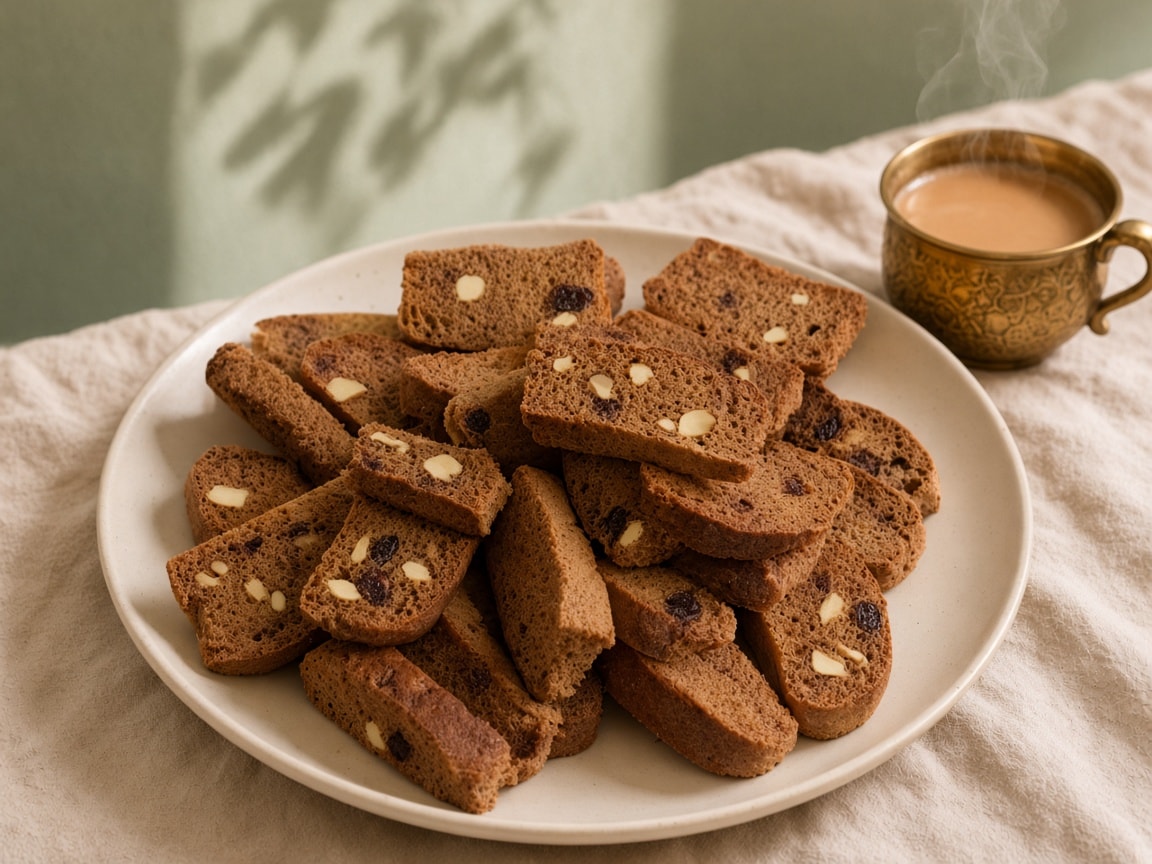 Ragi dry fruit rusk — dark millet slices with nuts and raisins
